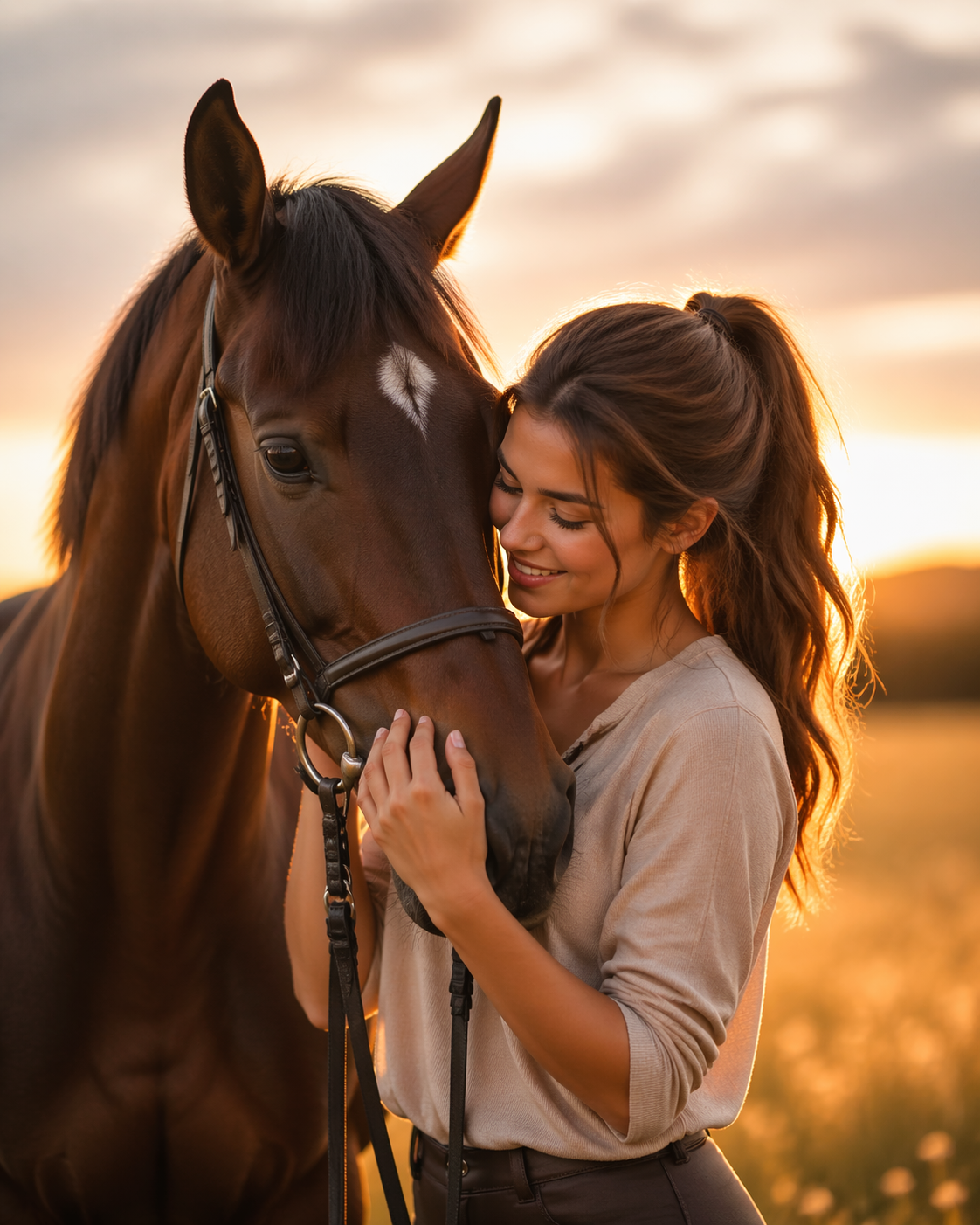 Reiterin mit Pferd im Sonnenuntergang